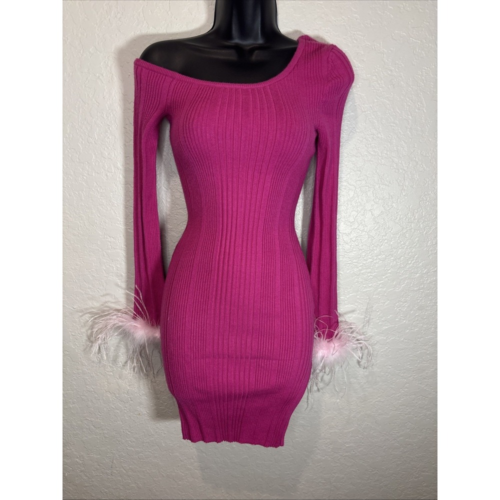 NWT Lovers + Friends Sarita‎ Ribbed Feather Dress With Slit, Pink, Medium